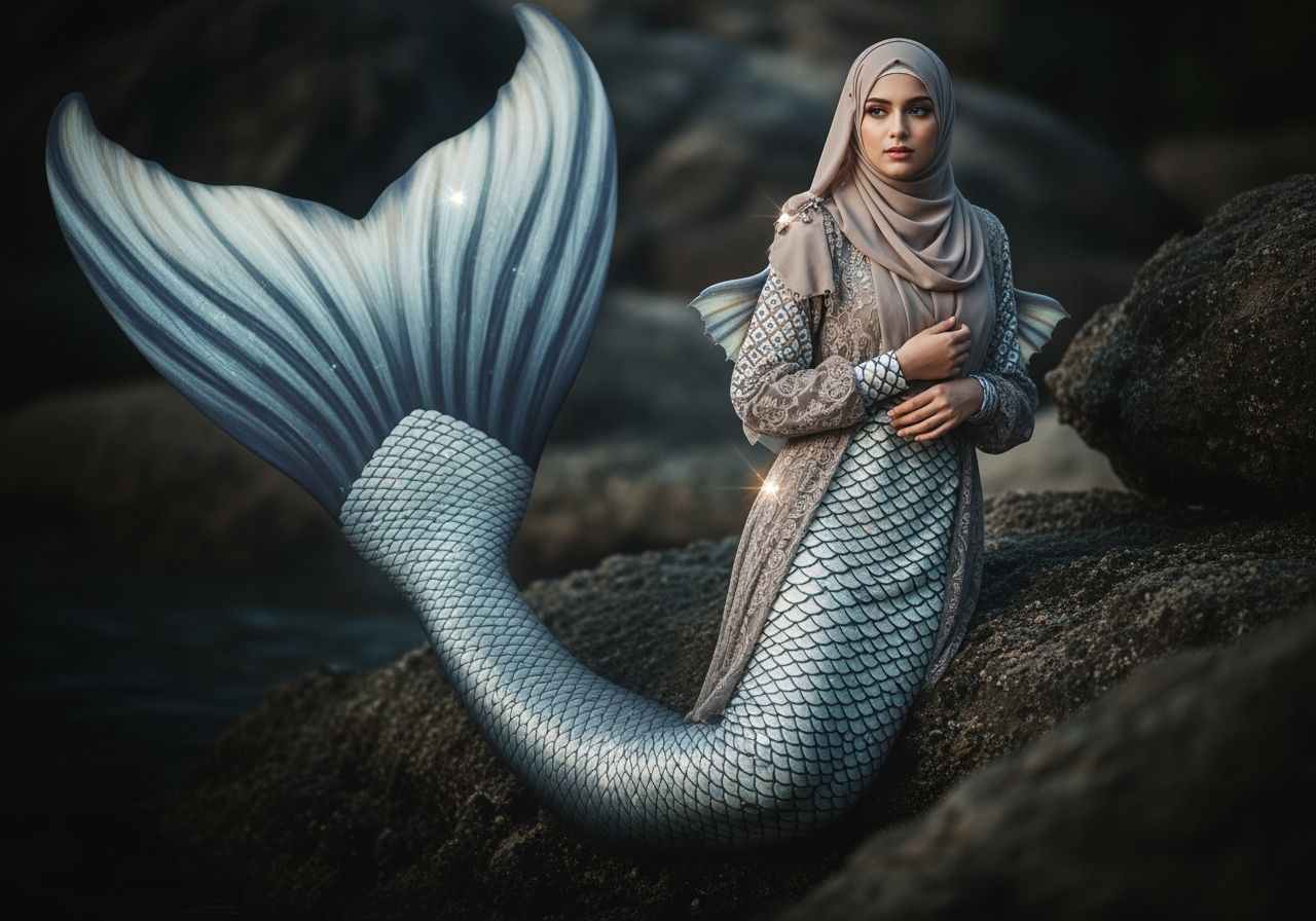 Muslim Mermaid in Natural Setting: Cinematic Photography
