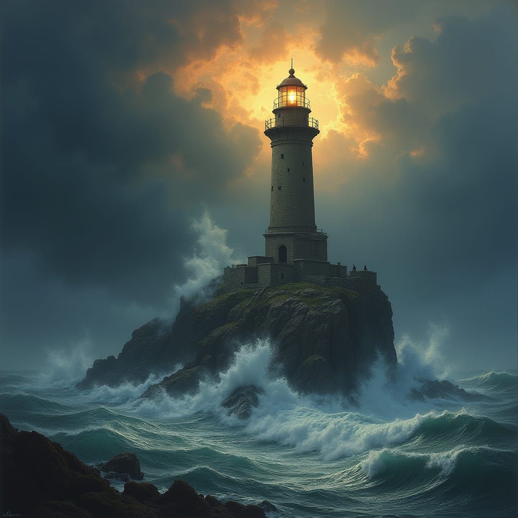 Ancient Lighthouse Standing Tall Amidst Turbulent Stormy Sea