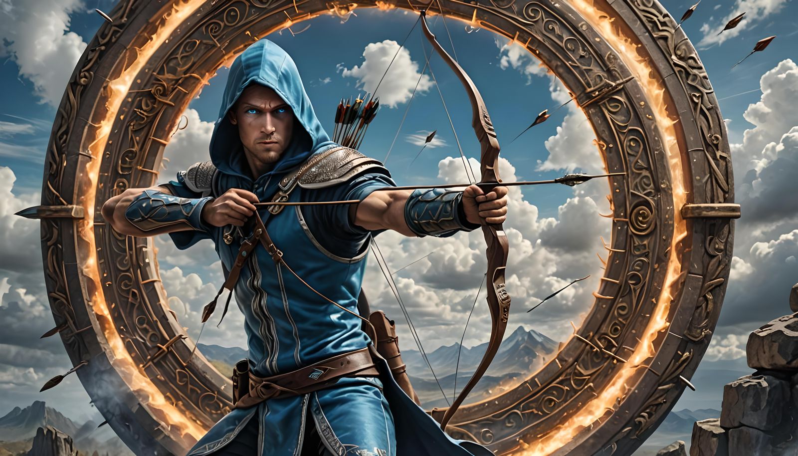 Hooded Archer Fires Arrows Into Energy Portal