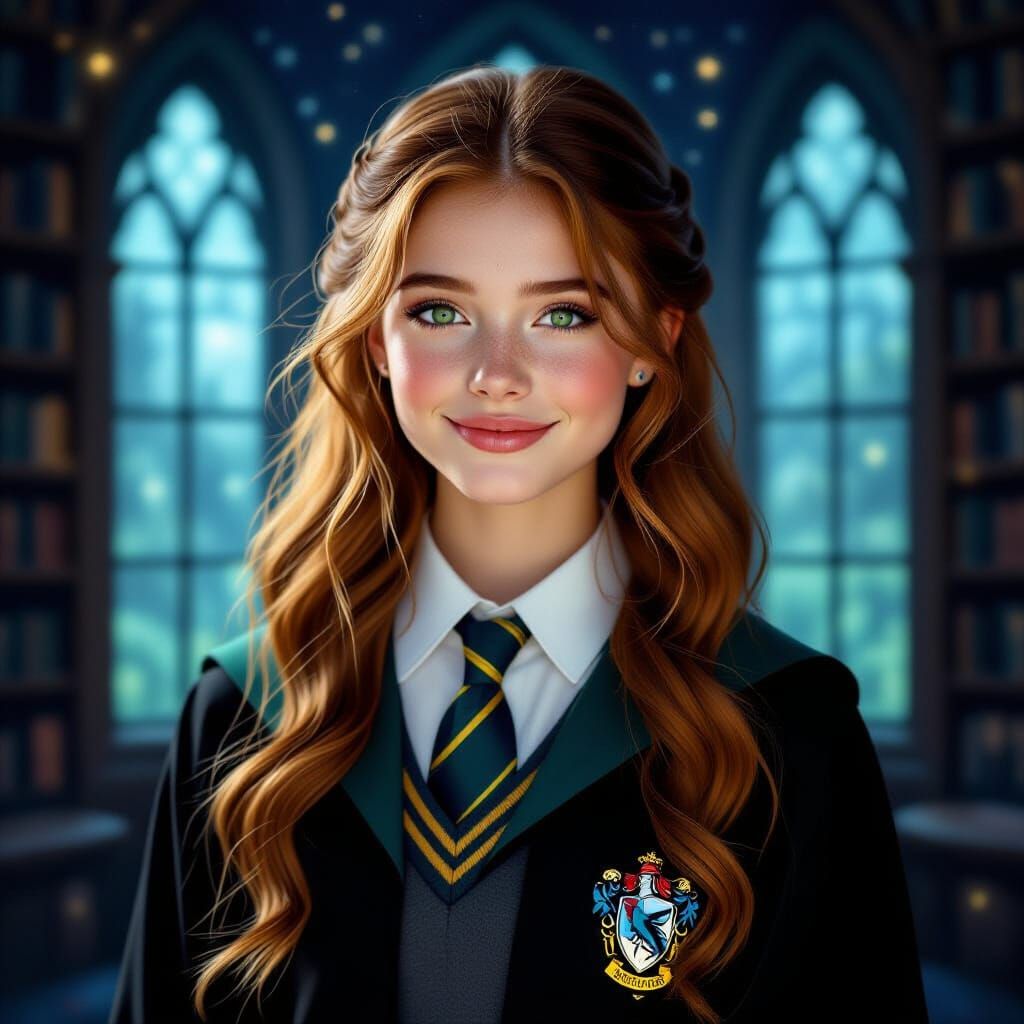 Elegant 15-Year-Old Witch in Ravenclaw Common Room