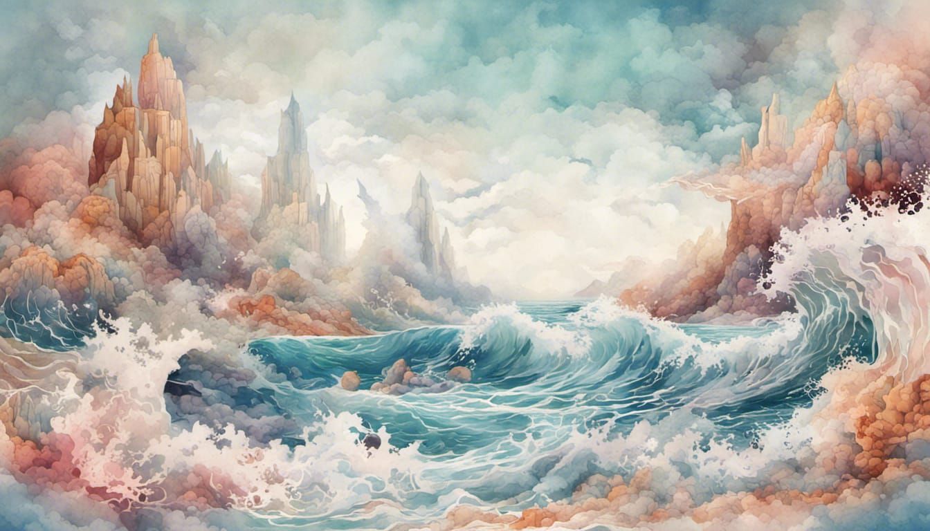 Ocean Wave Landscape in Watercolor Pastel Colors