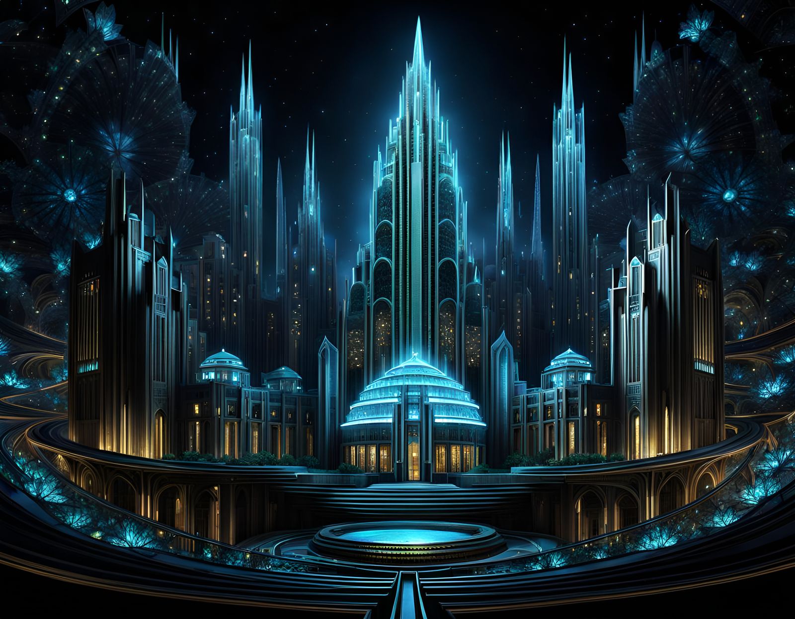 Fractal Crystal City at Night: Retro Art Deco