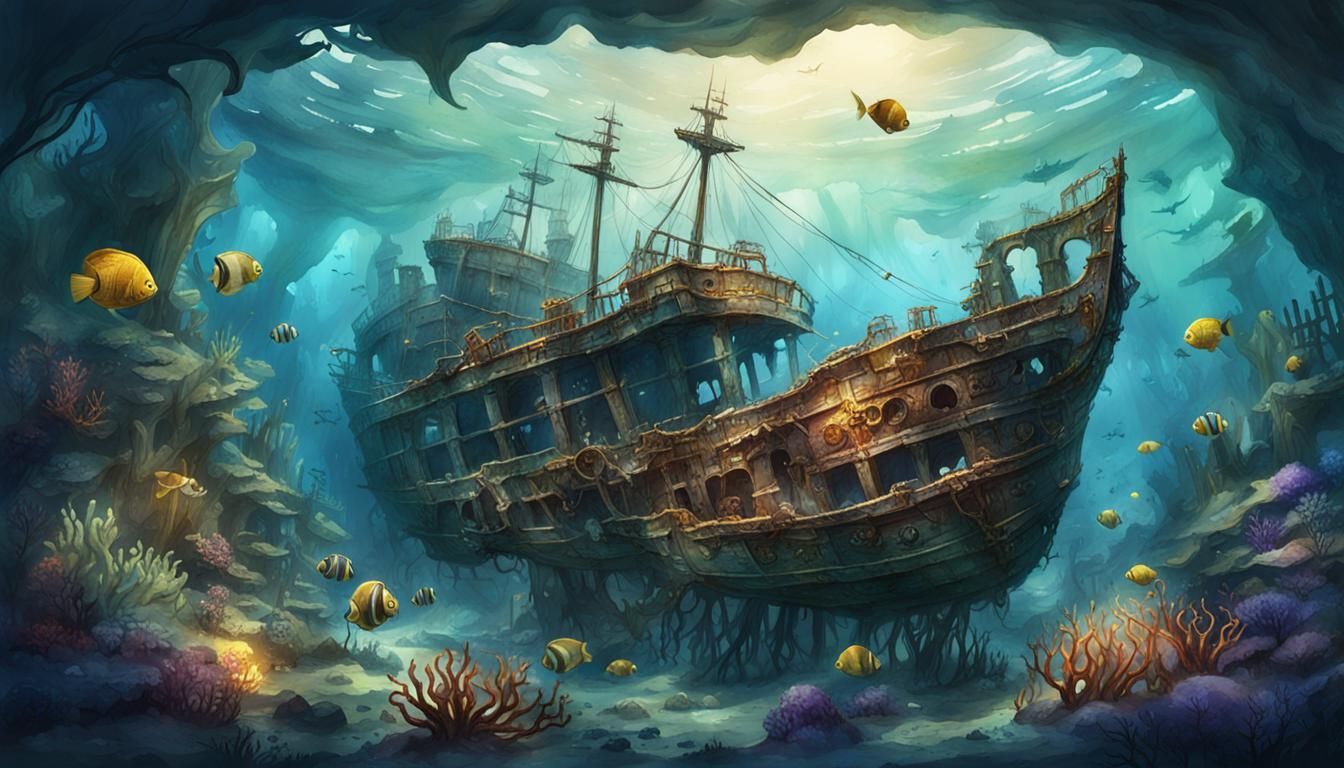 Sunken Shipwreck Teeming with Life: Watercolor Art
