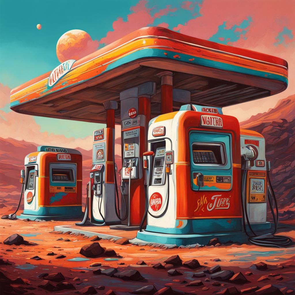 Retro Gas Station on Mars in Graffiti Art Style
