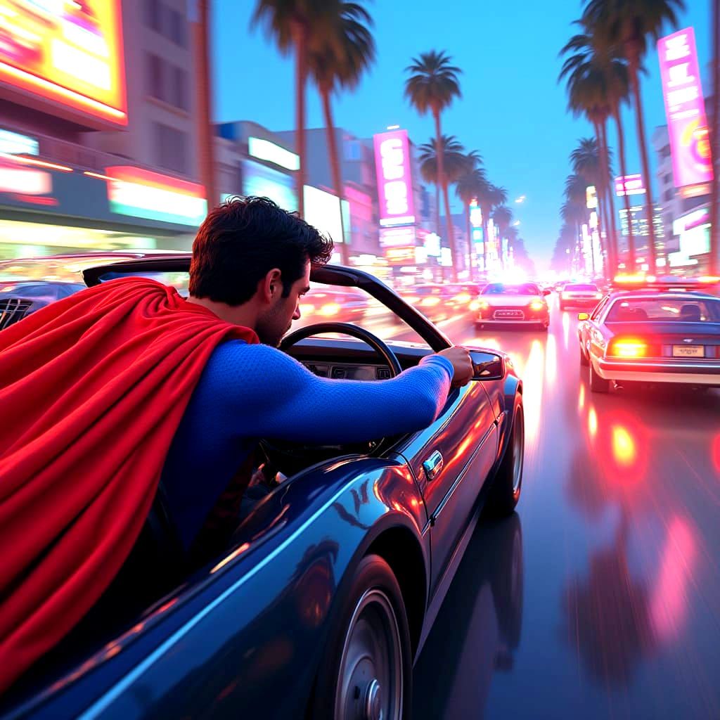 Hyper-Realistic Superman Speeds Through Neon-Lit Vice City S...