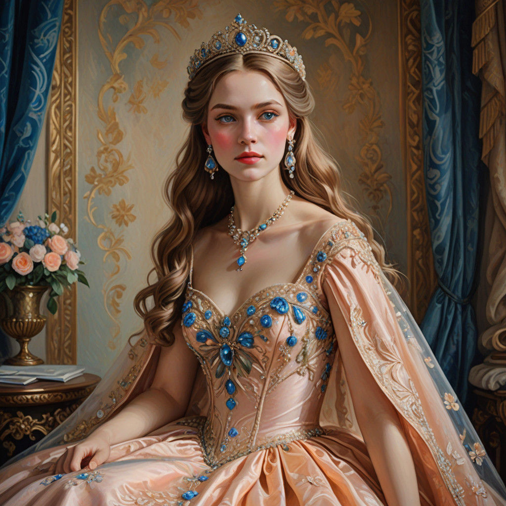 Elegant Russian Aristocrat in Pastel Peach Gown