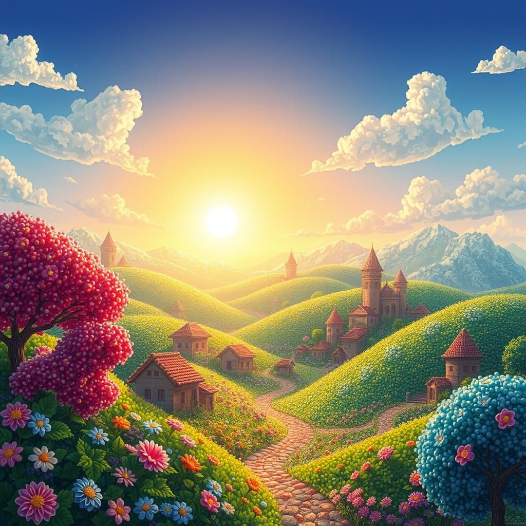 Shimmering Beaded Town with Floral Hills in Anime Style