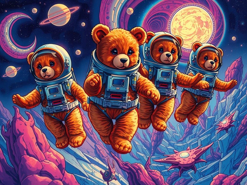 Teddy Bear Astronauts on Alien Planet in Retro-Futuristic St...