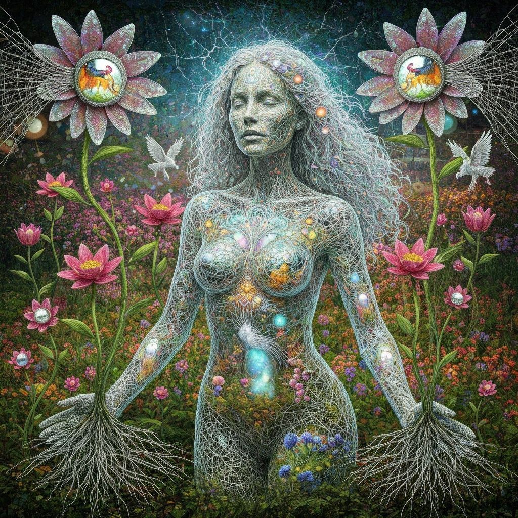 Bioluminescent Garden with Mirror Roots and Mythical Creatur...