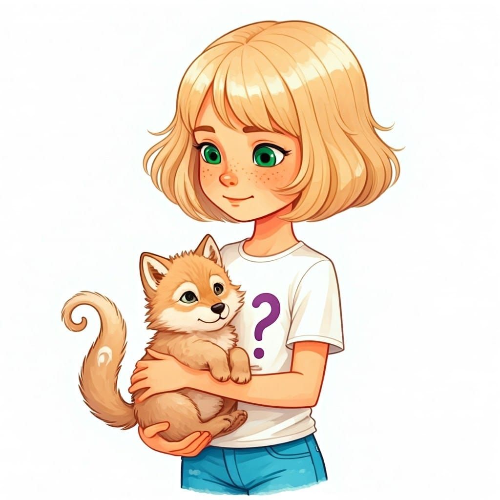 Whimsical Girl and Wolf in Folk-Art Style