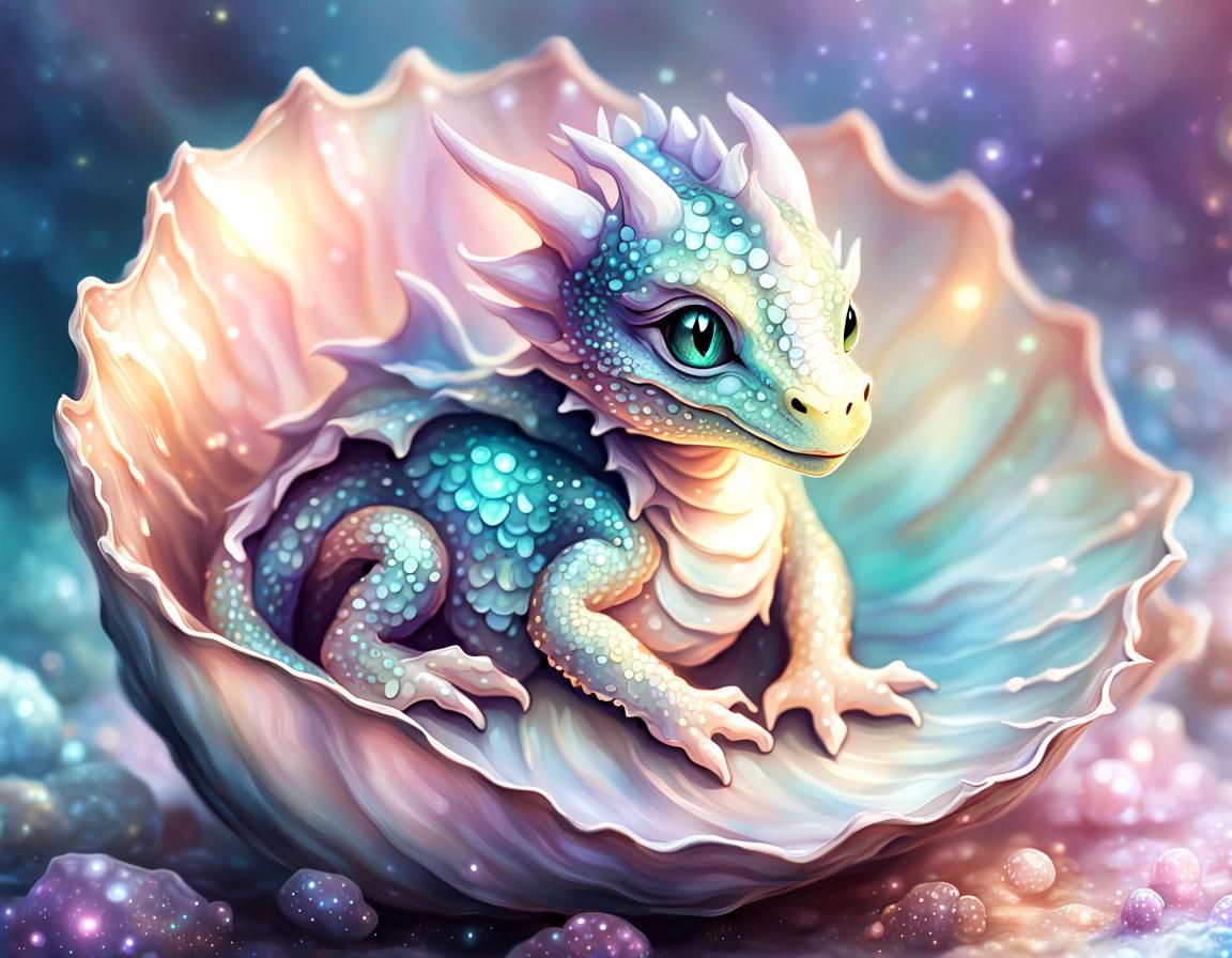 Baby Dragon in Oyster Shell: Whimsical Illustration