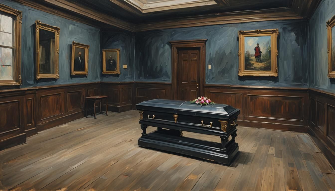 Sinister Casket in Empty Funeral Home: Impasto Gouache