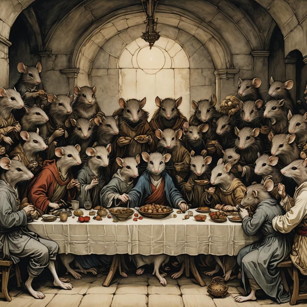 Mice Recreate Last Supper, Arthur Rackham Style