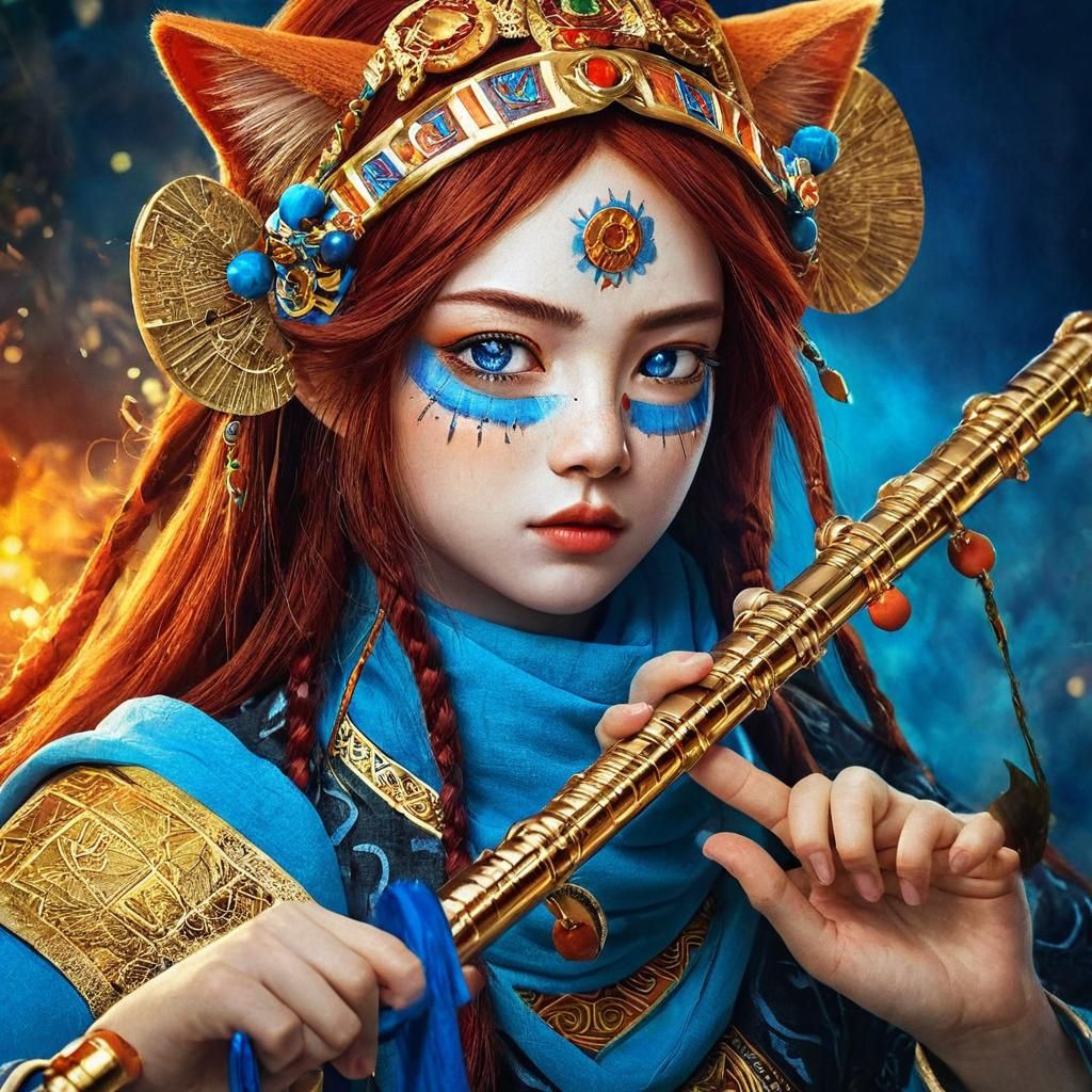 Asian-Style Girl Playing Flute in Priestess Robes