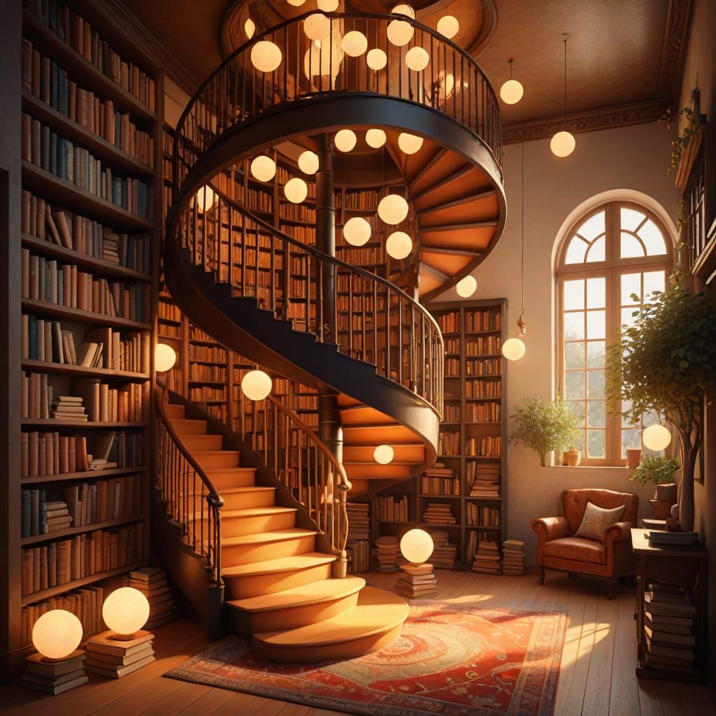 Whimsical Library with Magical Orbs