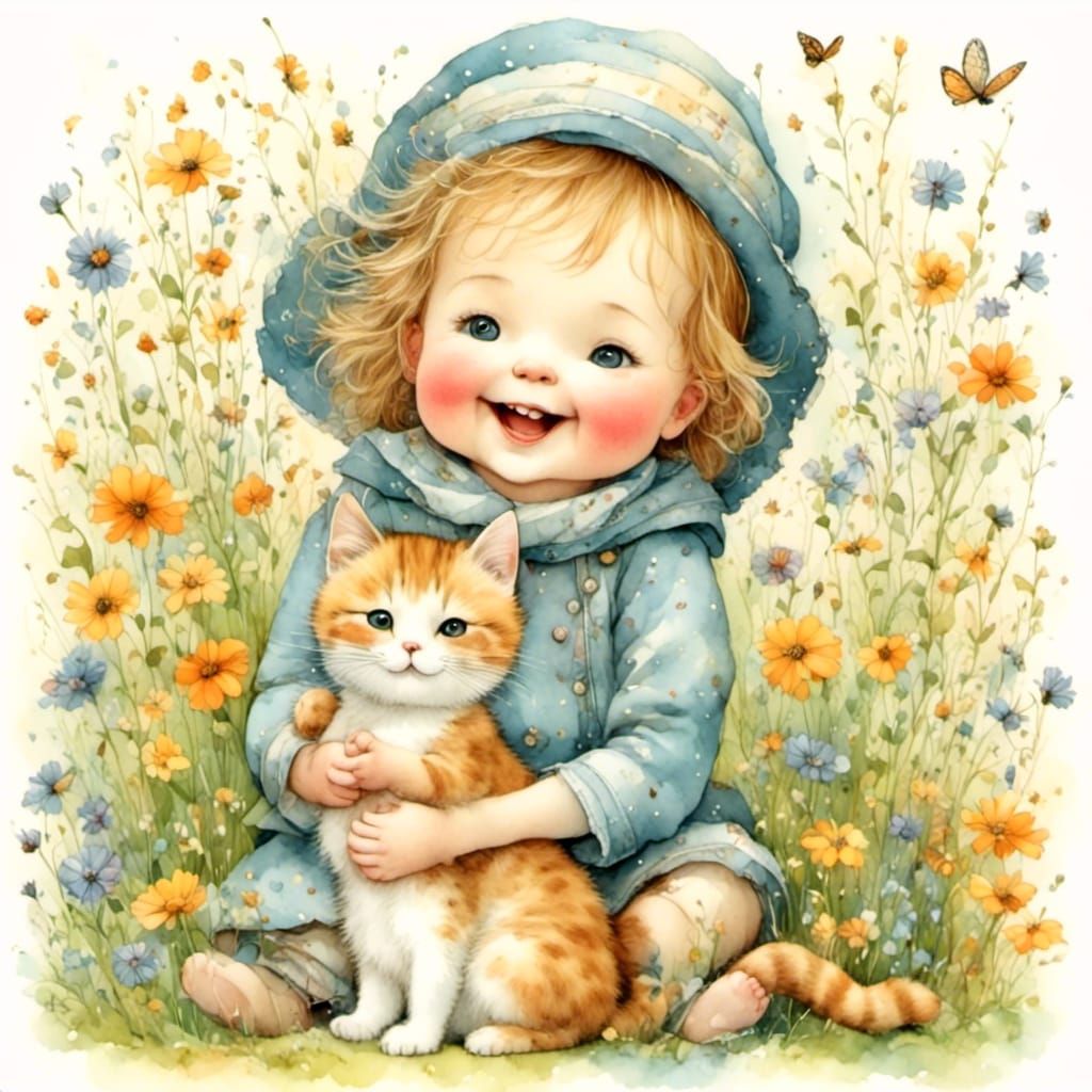 Joyful Toddler Receives Kitten Gift, Illustrated Art