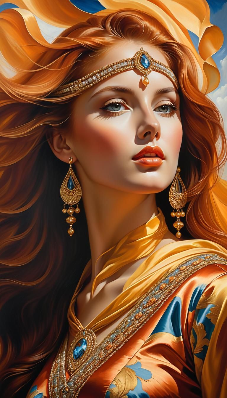 Graceful Auburn Haired Woman: Oil Painting Portrait