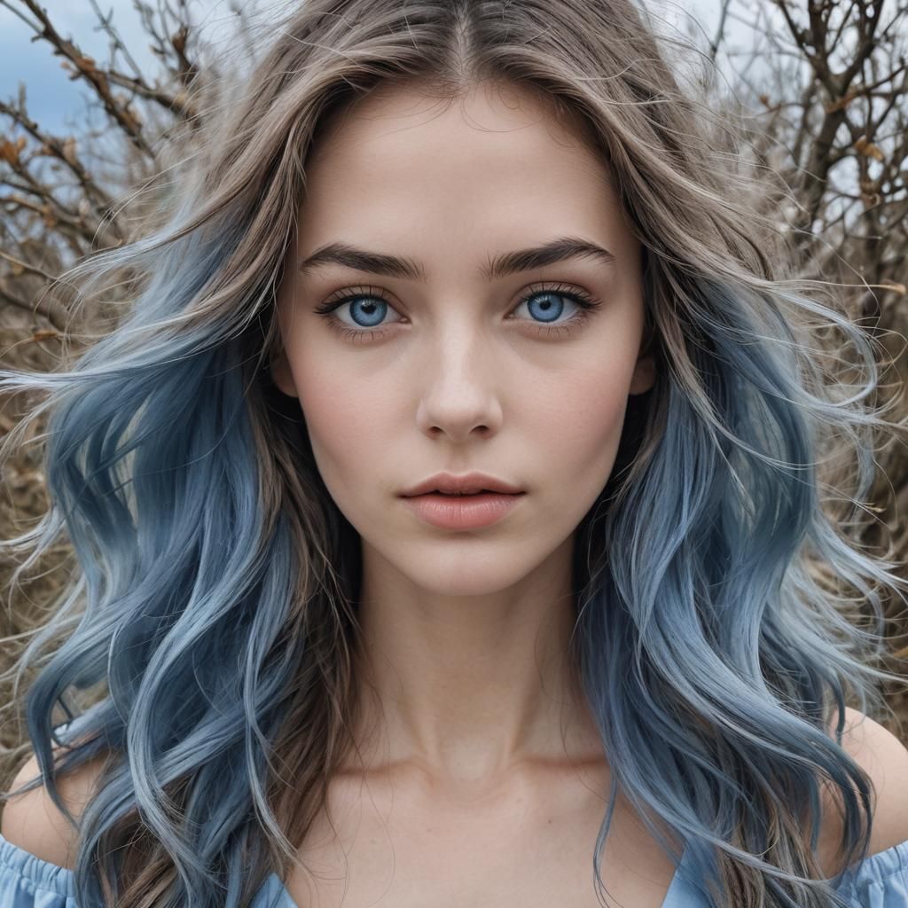 Seductive Nude with Flowing Brown Hair and Blue Eyes