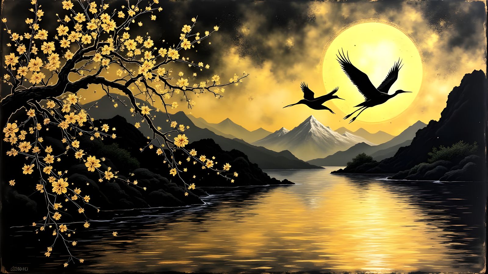 Japanese Ink Painting of Cranes and Blossoms