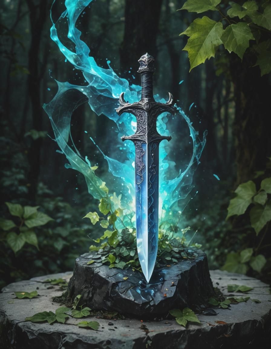 Enchanted Longsword on Stone in Alcohol Ink Style