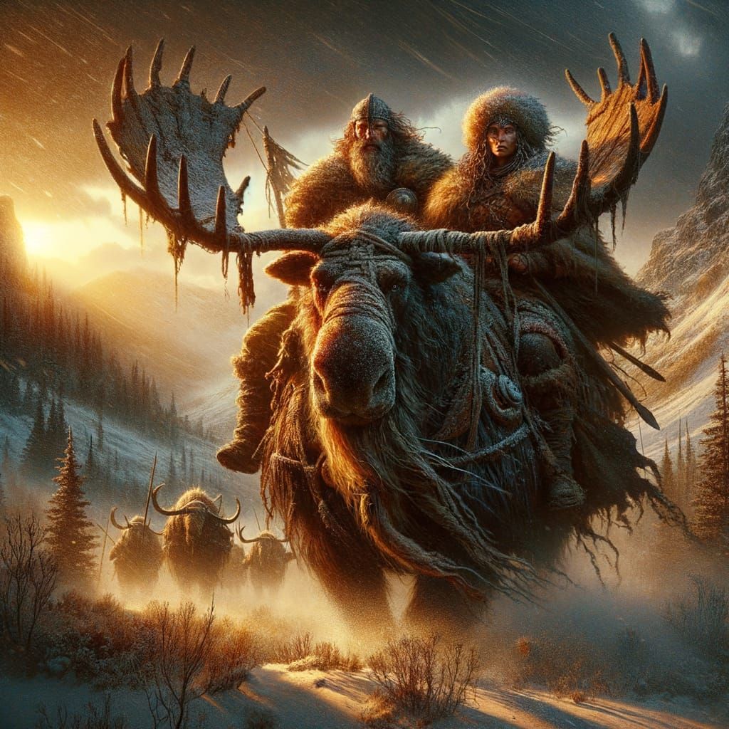 Viking Warriors Ride Battle Moose in Snowstorm