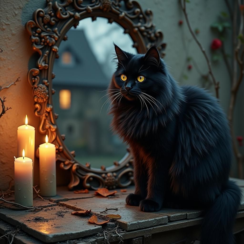 Glossy Black Cat in Gothic Mirror, Fantasy Art