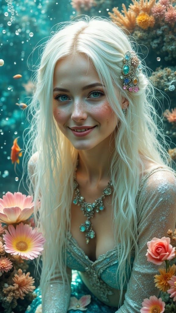 Smiling Mermaid with Long Blonde Hair Underwater