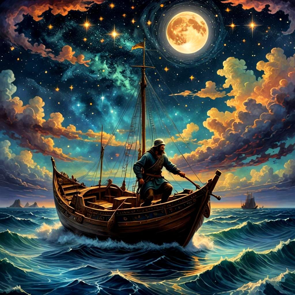 A man in an old boat