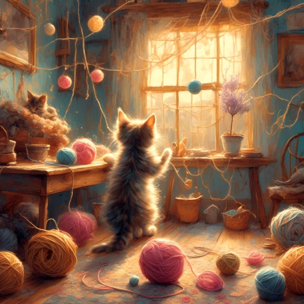 Kitten Playing with Yarn in Whimsical Illustration