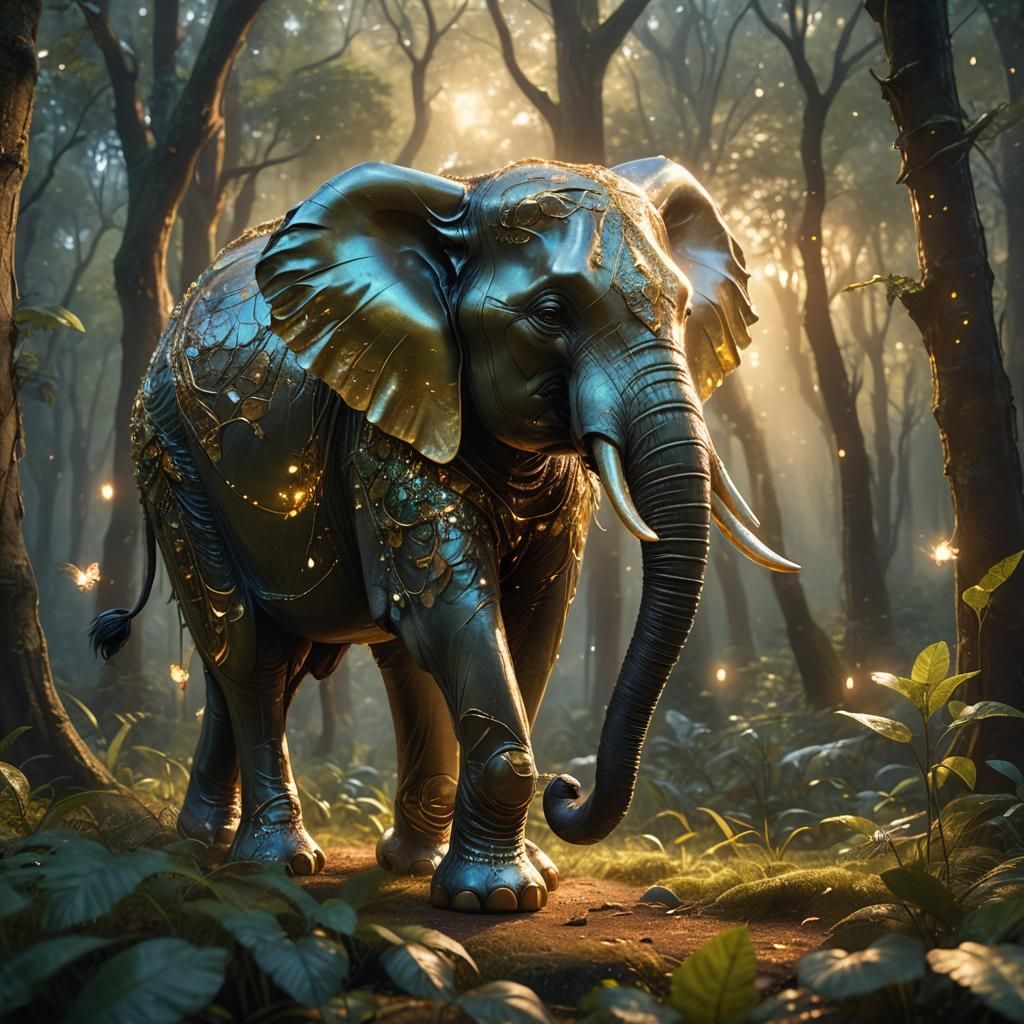 Glass Elephant in Mystical Forest: Fantasy Art