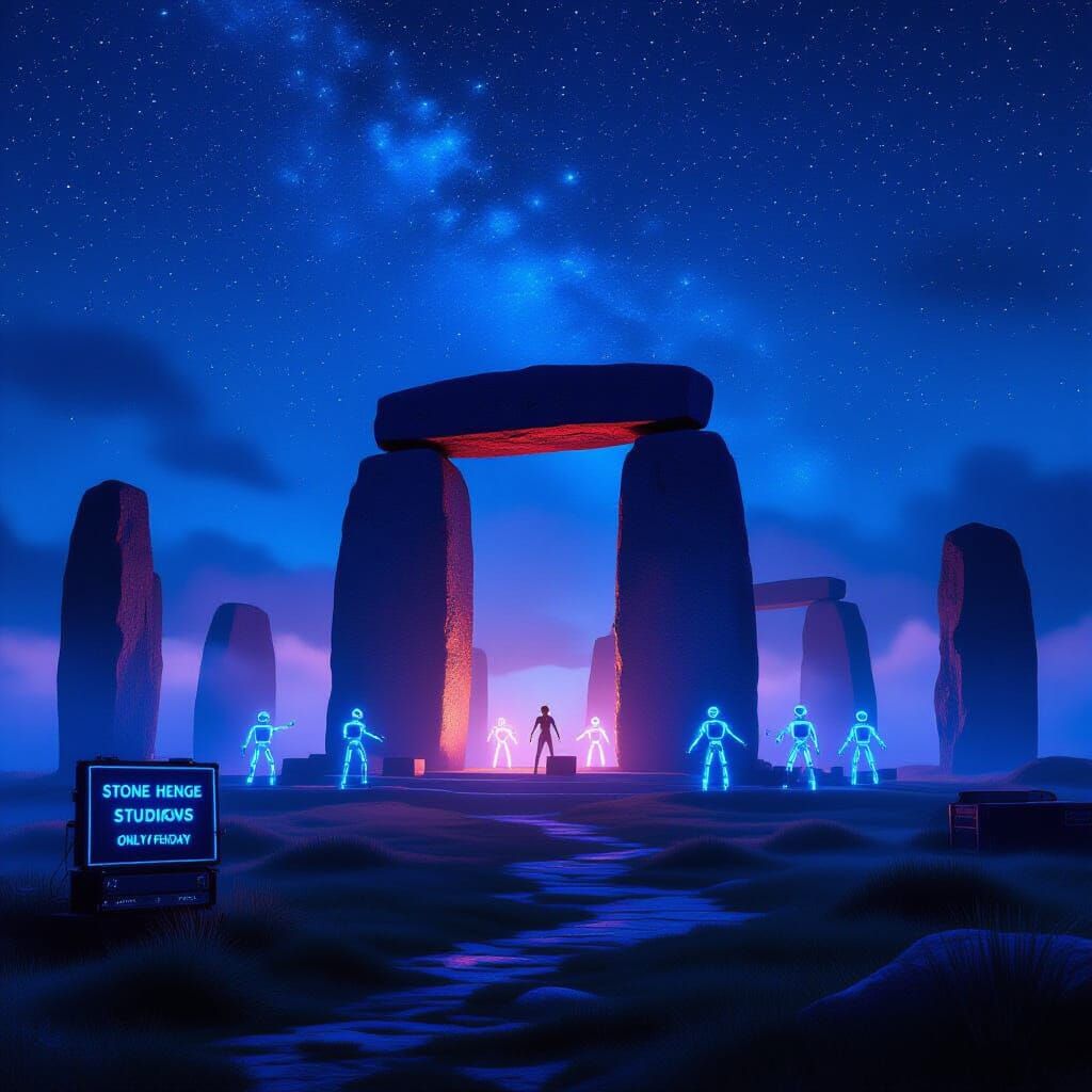 Cyberpunk Stone Circle with Dancing Robots at Night