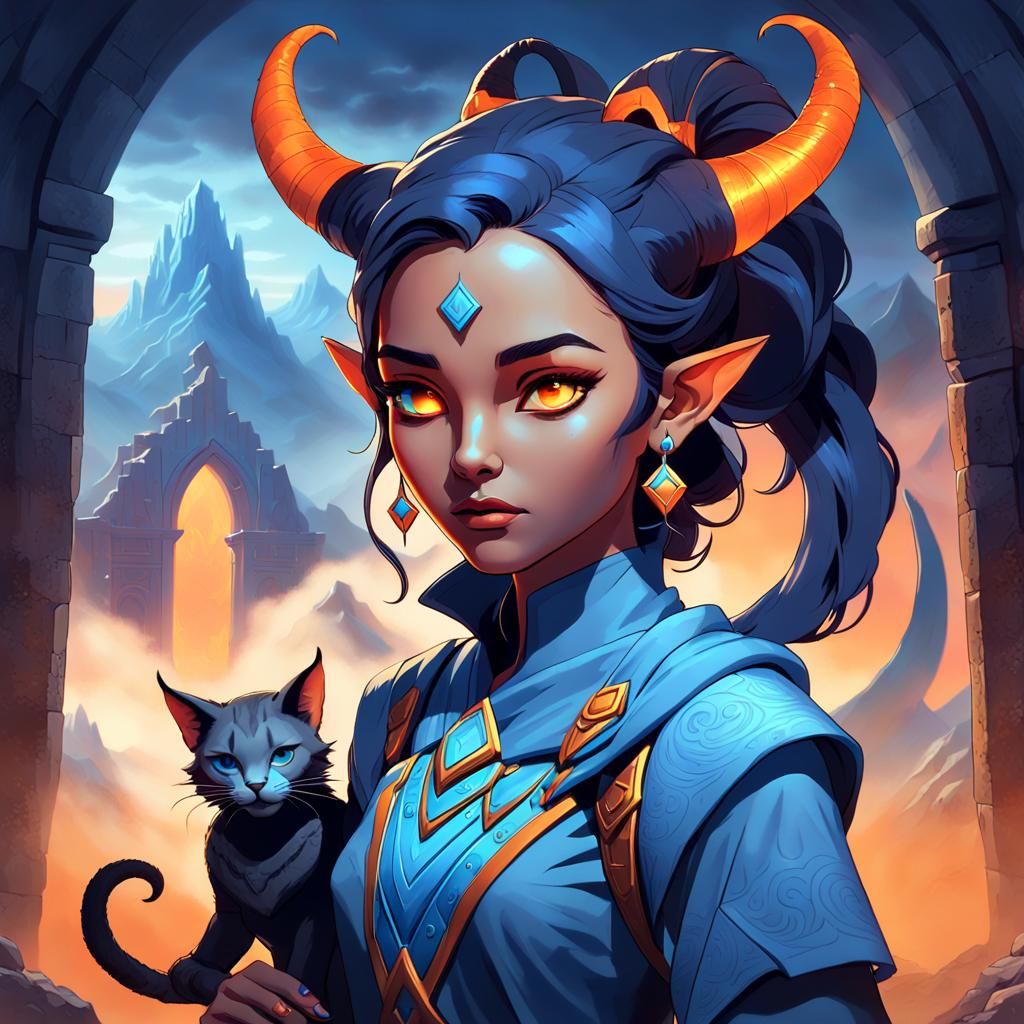 Tiefling with Drake Earring Before Mystical Portal