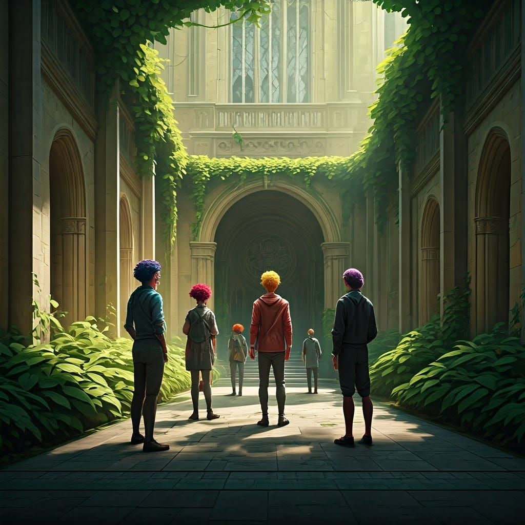 Dynamic College Students in Lush University Courtyard