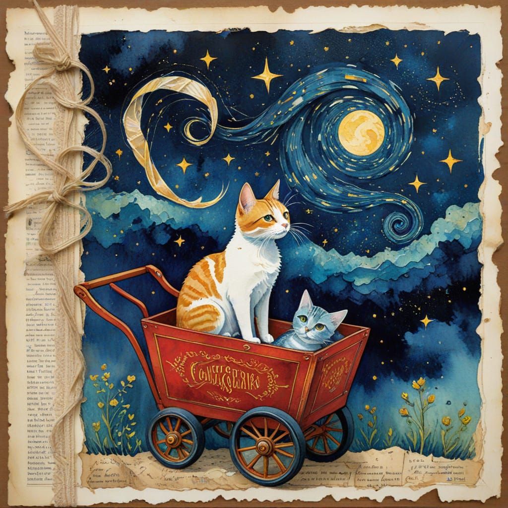 Whimsical Post-Impressionist Cat Scene in Watercolor