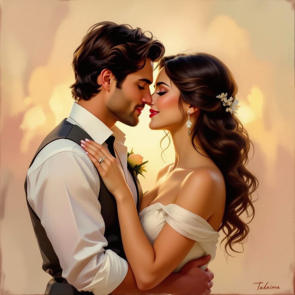 Romantic Oil Painting of Man Kissing Woman