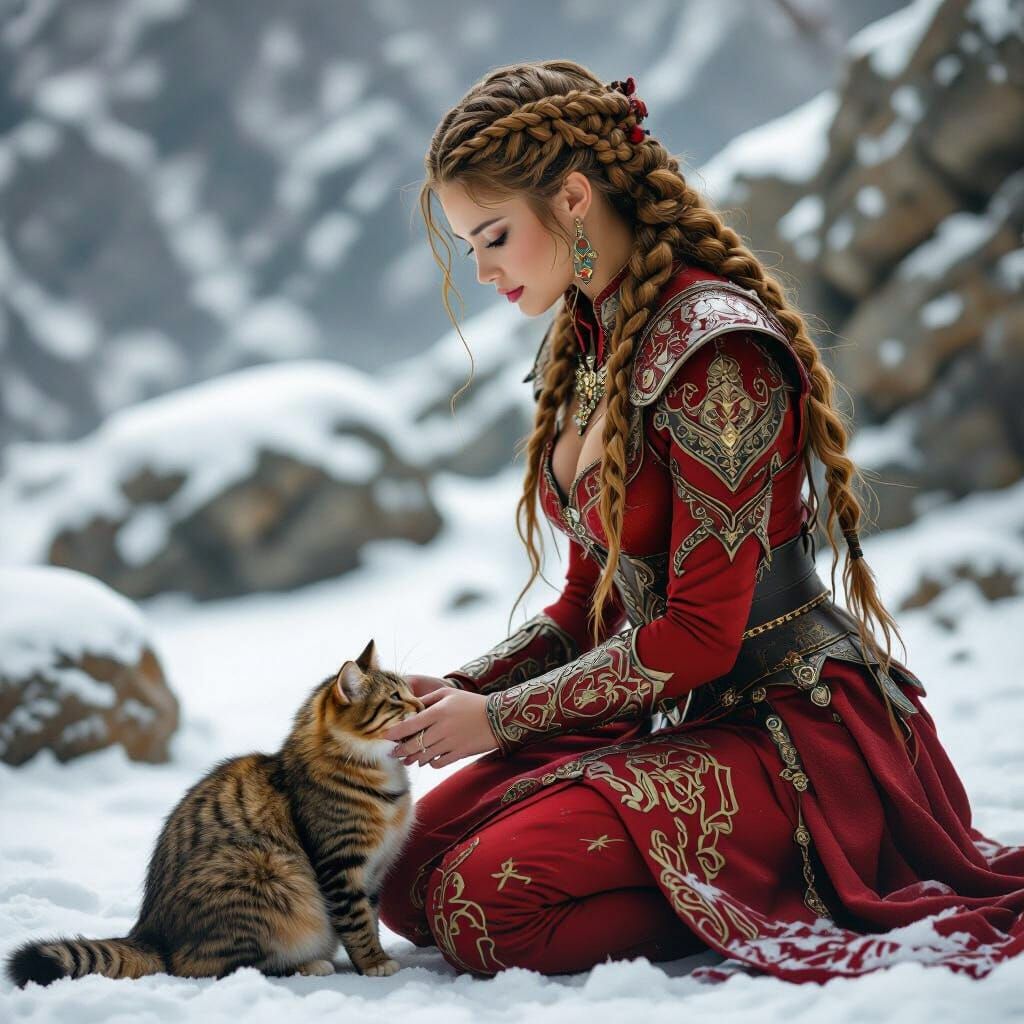 Warrior Queen Petting Feline Companion in Snow