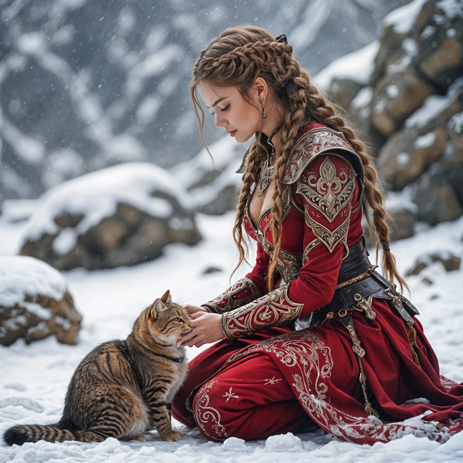 Warrior Queen with Feline Companion in Snow