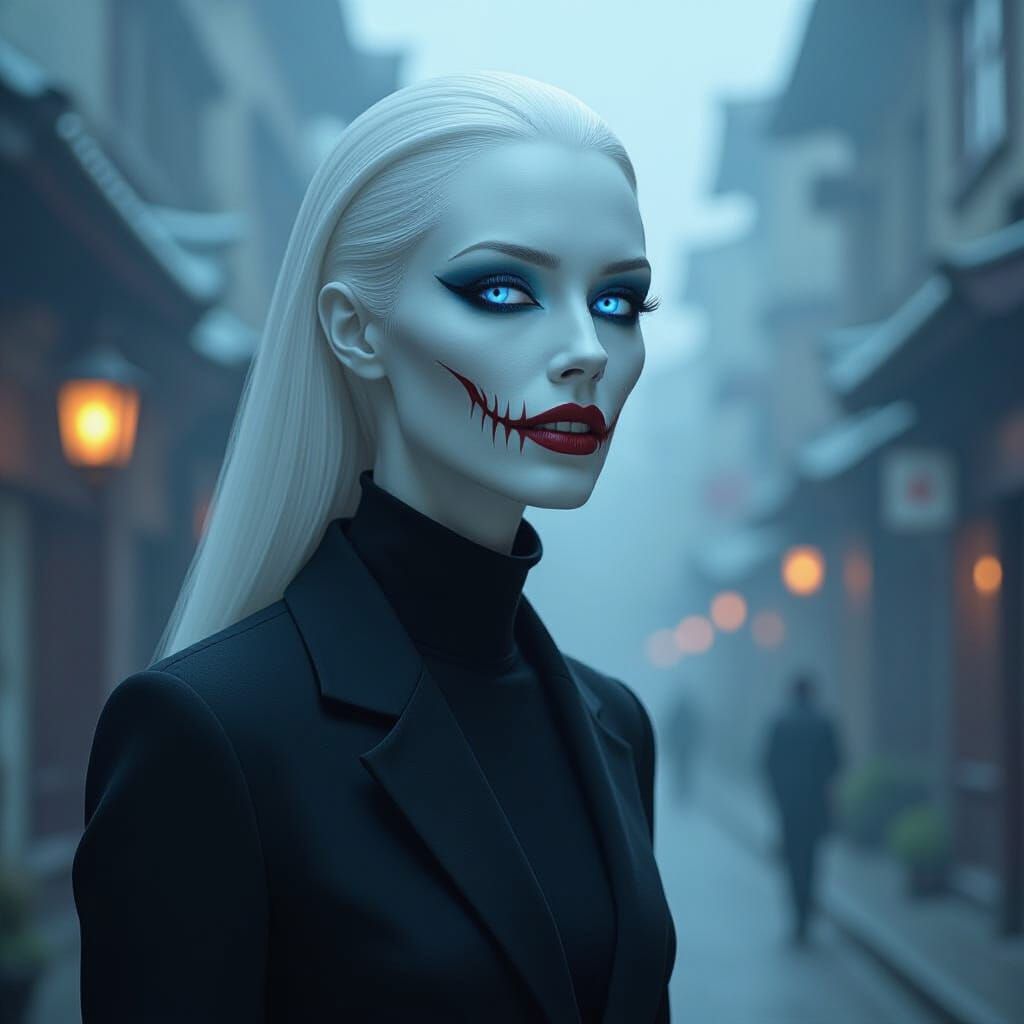 Eerie Rokurokubi Vampire in Surreal Urban Scene