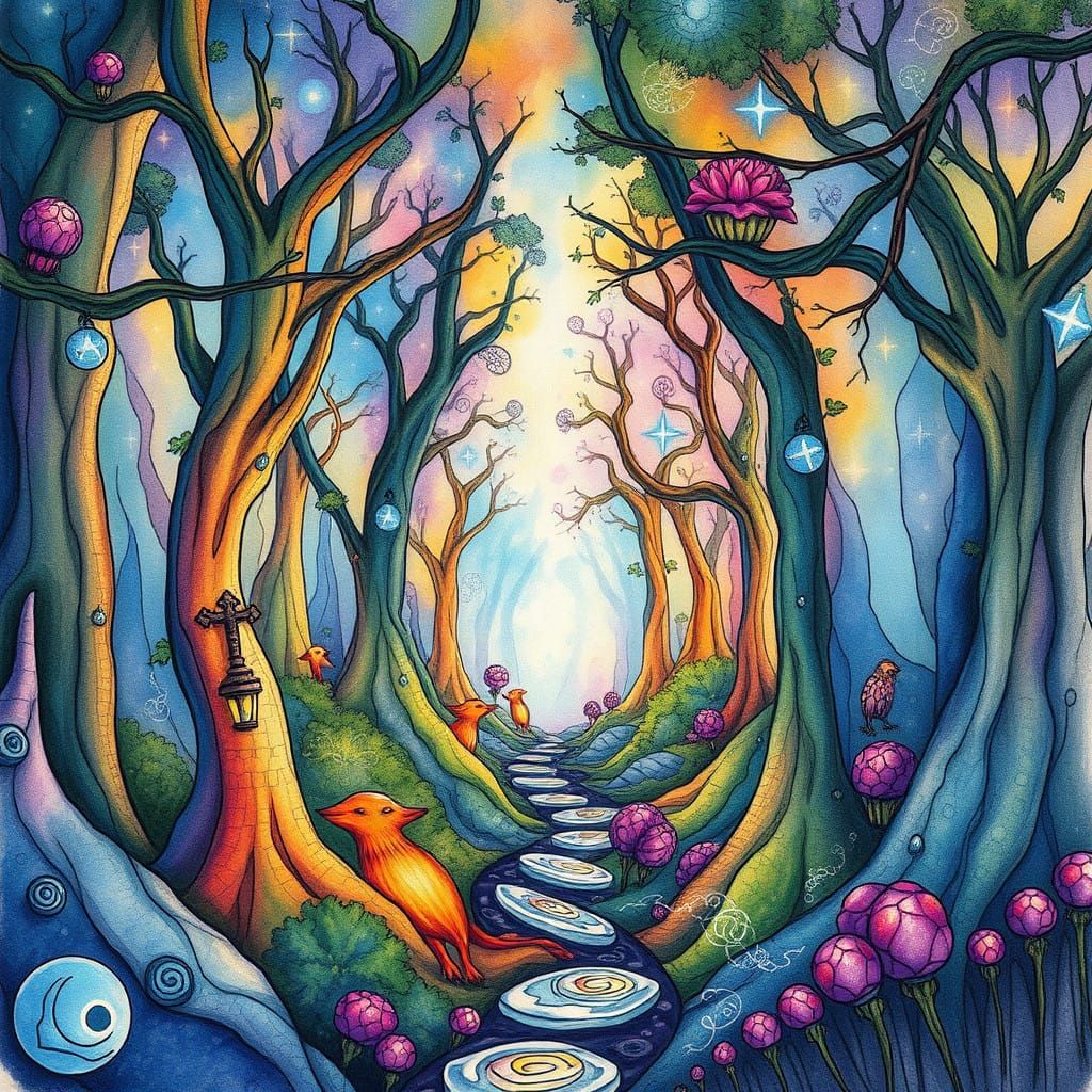 Whimsical Forest Dreamscape in Vibrant, Blended Colors