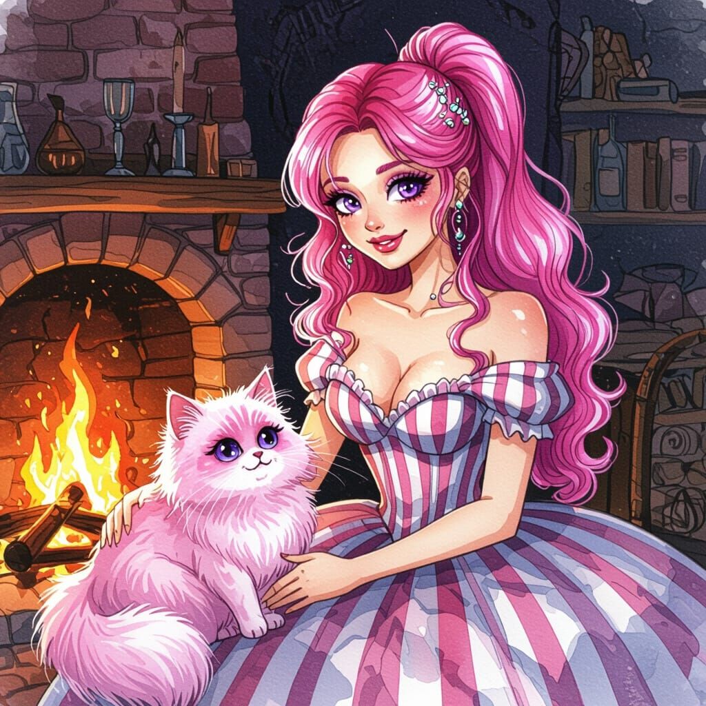 Pink Haired Woman Petting Fluffy Flying Cat by Fireplace