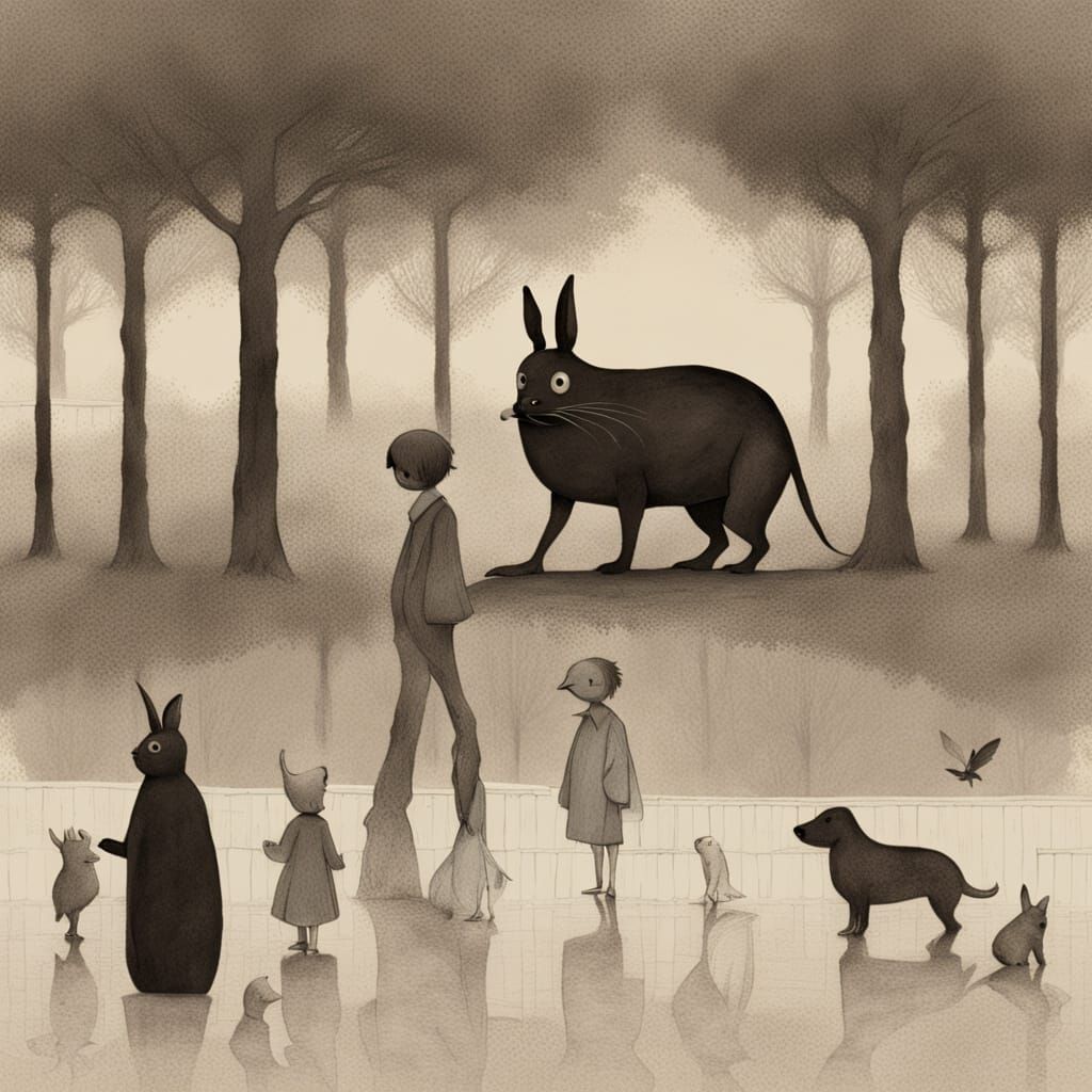 Enigmatic Totoro Family and Basset Hound in Park