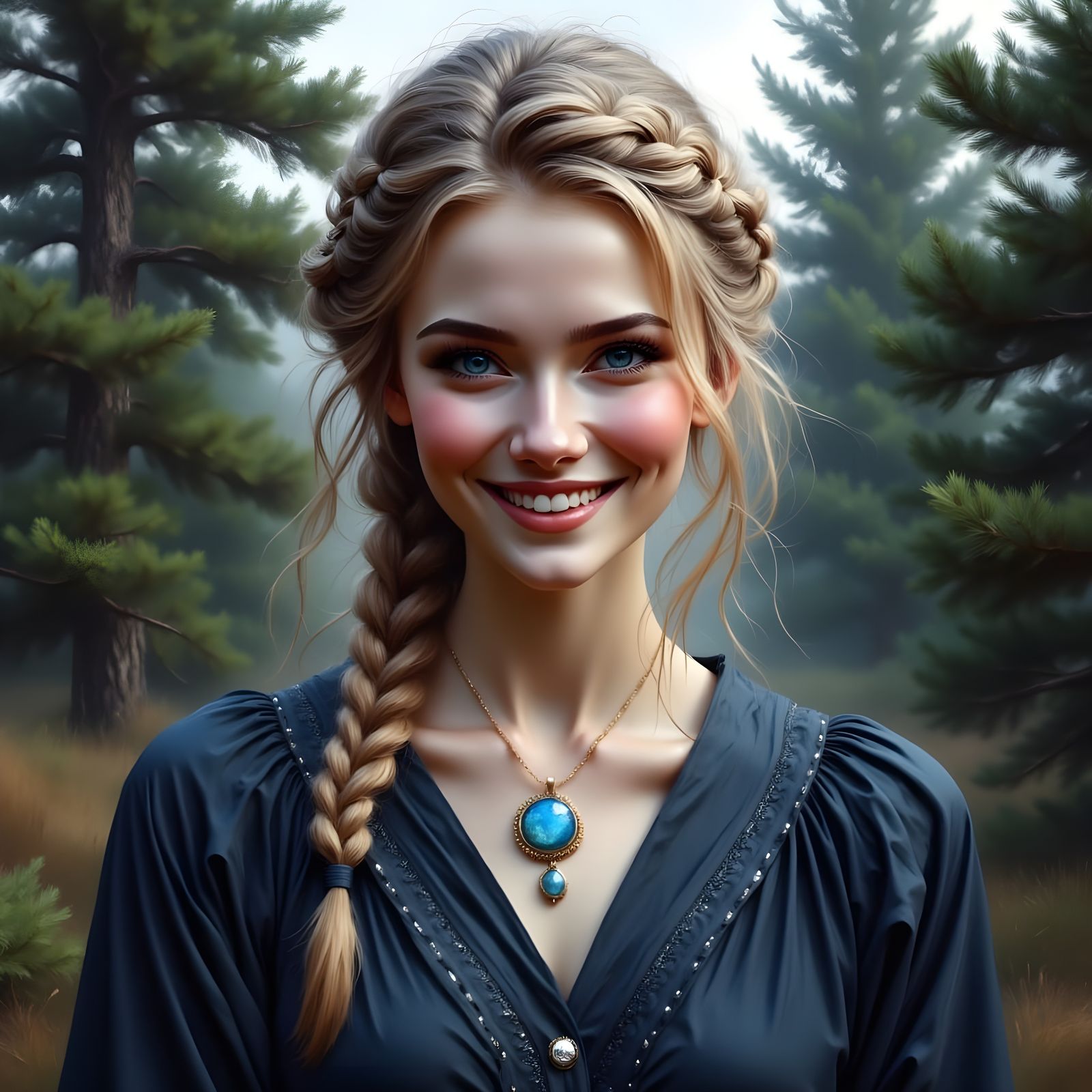 Norse Goddess with Warm Smile in Dark Blue Gown