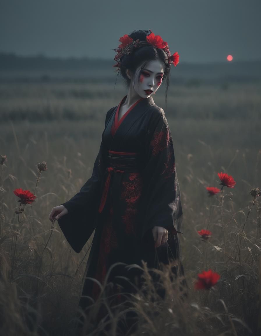 japanese vampire, red eyes, gothic geisha, dark fantasy aest...