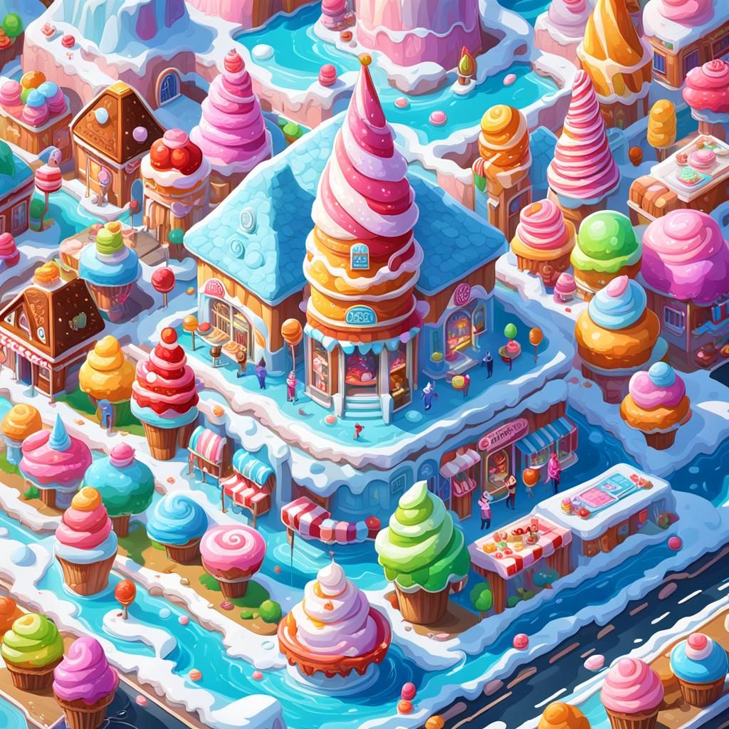 Ice Cream Town in Hyperrealistic Candy Art Style