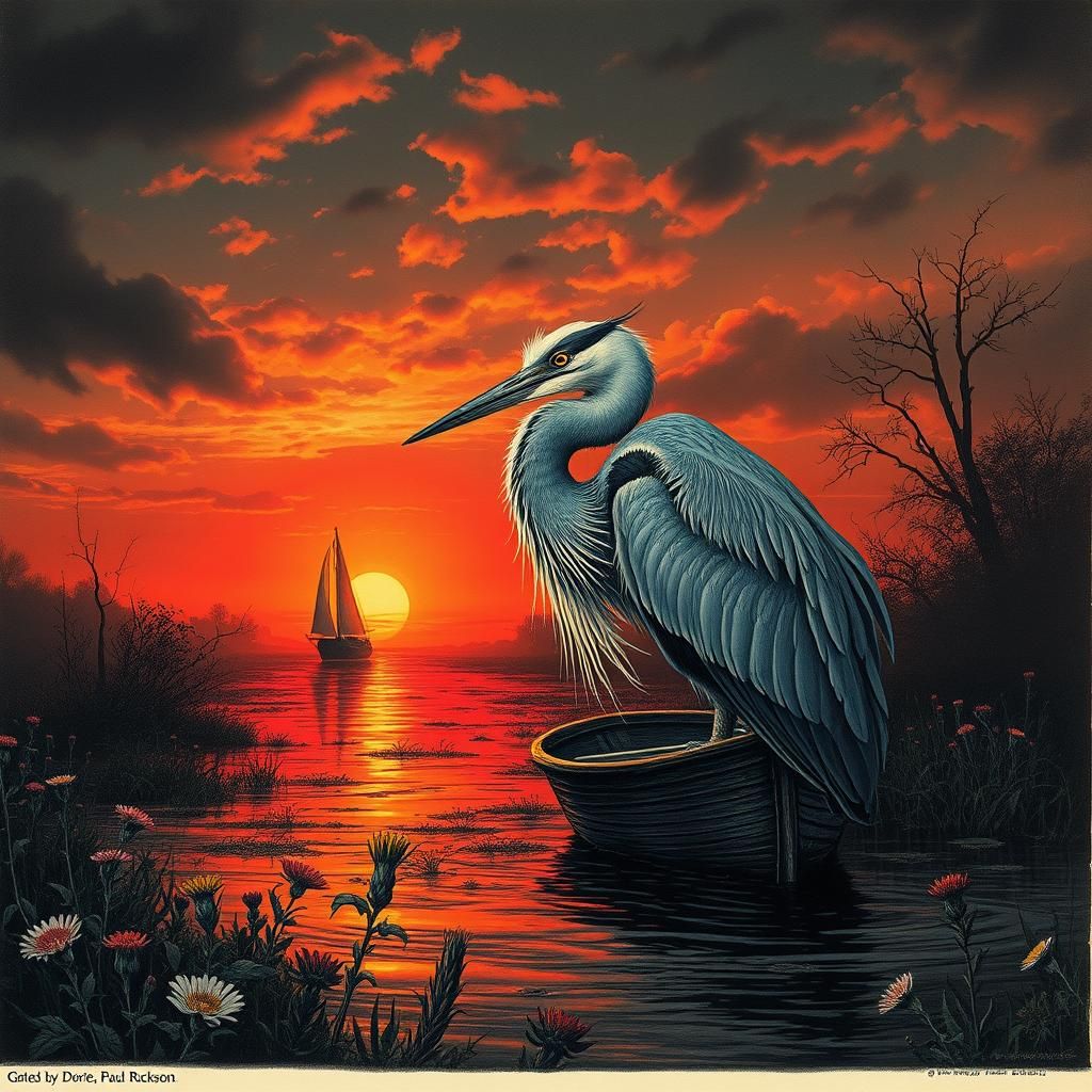 Heron at Sunset: Vibrant Color Print Art