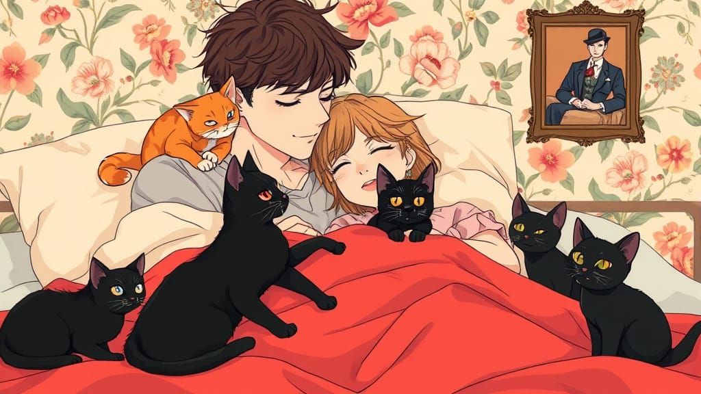 Cozy Anime Scene with Cats and a Loving Couple