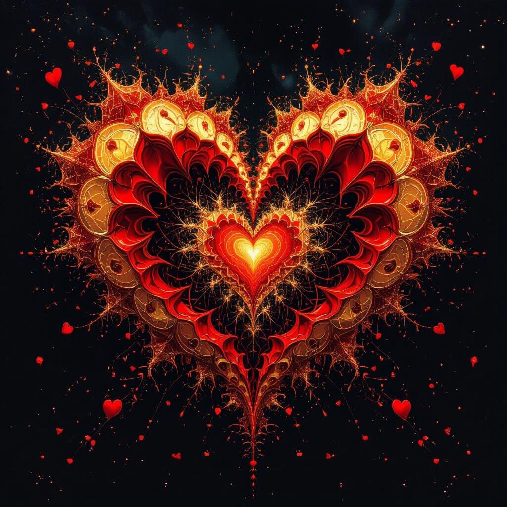 Majestic Fractal Hearts with Blood Flow and Gold Sparks
