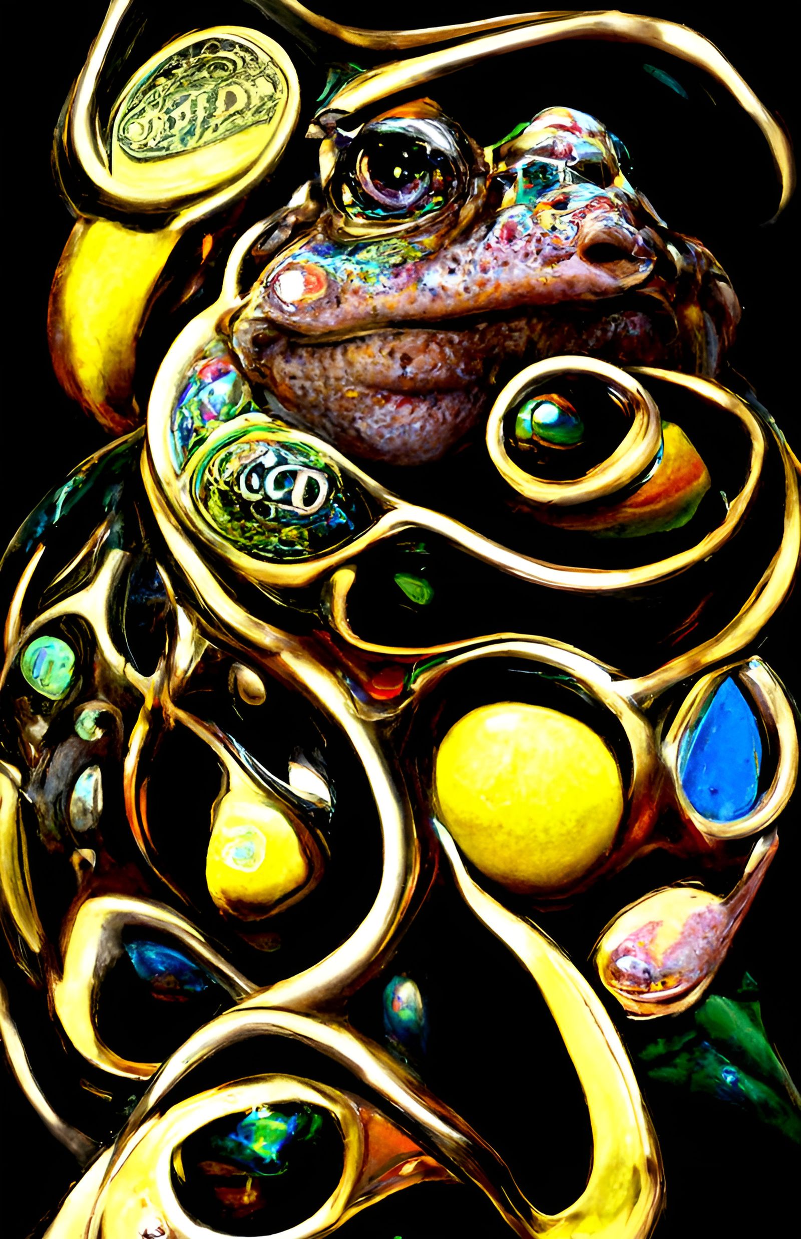 Ornate Golden Circles Frame Colorful Bullfrog