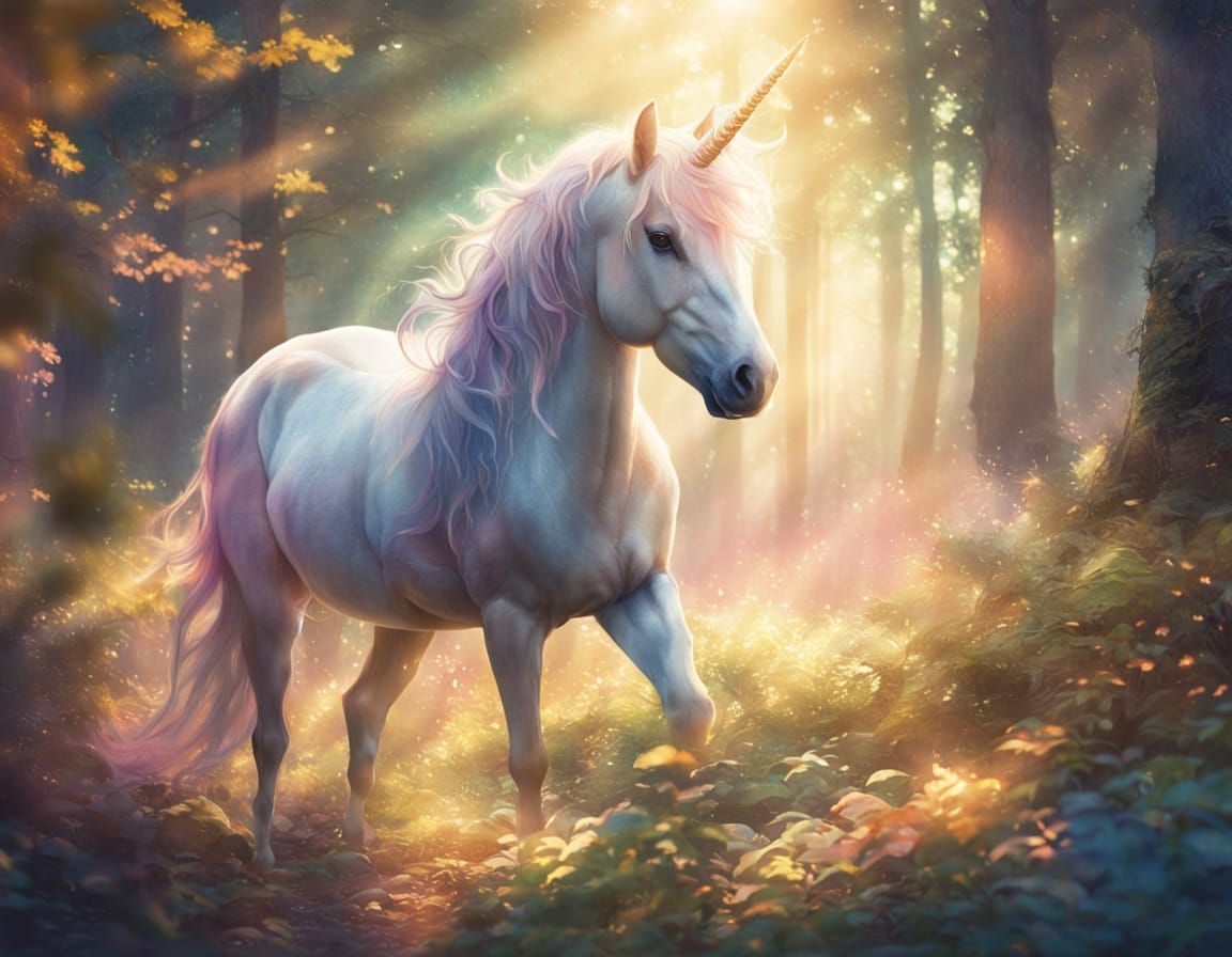 Unicorn in Sunny Forest: Dreamy Watercolor Illustration
