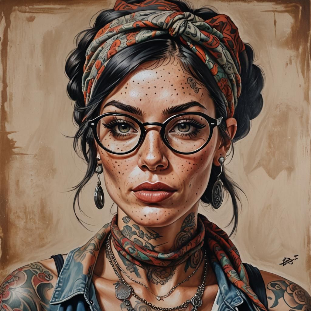 Tattooed Woman Smoking: An Oil Painting in Tattoo Art Style